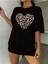 Kadın Leopar Kalp Baskılı Beyaz Siyah T-Shirt Oversize Salaş 1