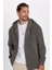 Unisex Relax Fit Rahat Kesim Pamuklu İçi Polarlı Çift Cepli Fermuarlı Gri Kapüşonlu Sweatshirt 1