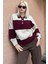 Bordo Düğmeli Polo Yaka Çizgili Kadın Kazak MG2286 2