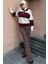 Bordo Düğmeli Polo Yaka Çizgili Kadın Kazak MG2286 3