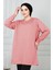 Kadın Uzun Düz Renk Basic Yuvarlak Yaka Tunik Sweatshırt 4
