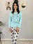 Kadın Kedi Motifli Kalp Desenli Pijama Takımı (Mavi-Beyaz) 3