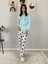 Kadın Kedi Motifli Kalp Desenli Pijama Takımı (Mavi-Beyaz) 5