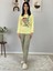 Kadın Kedi Motifli Leopar Desenli Pijama Takımı (Sarı) 2