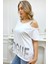 Bol Kesim Büyük Beden Tek Omzu Açık Askılı Crystal Taşlı Şık Rahat Beyaz Kadın Pamuk T-Shirt 3