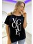 Bol Kesim Omuzları Açık Baskılı Crystal Taşlı Büyük Beden Şık Pamuk Kadın T-Shirt 1