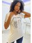 Crystal Kurukafa Desen Taşlı Pamuk Uzun Beyaz Rahat Kadın T-Shirt 3