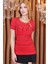 Büyük Beden Tamamı Crystal Taşlı Kırmızı Bisiklet Yaka Pamuk Kırmızı Kadın T-Shirt 4