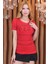 Büyük Beden Tamamı Crystal Taşlı Kırmızı Bisiklet Yaka Pamuk Kırmızı Kadın T-Shirt 3