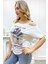 Büyük Beden Siyah Omuzları Açık Baskılı Crystal Taşlı Pamuk Kadın T-Shirt 2