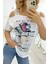 Büyük Beden Siyah Omuzları Açık Baskılı Crystal Taşlı Pamuk Kadın T-Shirt 3
