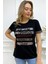 Büyük Beden Renkli Yazılı Crystal Taşlı Kısa Kol Bisiklet Yaka Şık Rahat Pamuk Siyah Kadın T-Shirt 3