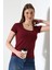 Kare Yaka Kısa Kol Penye Kompakt Likralı Esnek Basic T-Shirt 21069 Bordo 3