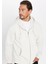 Unisex Relax Fit Rahat Kesim Pamuklu İçi Polarlı Çift Cepli Fermuarlı Beyaz Kapüşonlu Sweatshirt 1