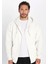 Unisex Relax Fit Rahat Kesim Pamuklu İçi Polarlı Çift Cepli Fermuarlı Beyaz Kapüşonlu Sweatshirt 4