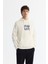 Erkek Ekru Kapüşonlu Pamuklu Baskılı Elastan Sweatshirt A42y1324 1