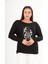 Kadın Siyah Beyaz Taşlı Yuvarlak Yaka Reglan Kol Siyah Bluz 1