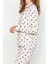 Kadın Moda Gömlek Yaka Boru Paça Uzun Kol Pamuk Kalp Desenli Gömlek-Pantolon Örme Pijama Takımı 3