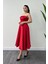 Saten Kumaş Sırt Ip Detaylı Midi Elbise - Kırmızı 2