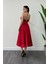 Saten Kumaş Sırt Ip Detaylı Midi Elbise - Kırmızı 5