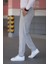 Erkek Gri Beli Lastikli Bağcıklı Esnek Fitted Jogger Pantolon Kumaş Pantolon 3