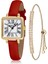 Kare Kasa Deri Kordon Kadın Kol Saati Zirkon Taşlı Baget Bileklik Kırmızı-Gold PL-1484B9 1