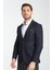Fevual Erkek Koyu Lacivert Mono Yaka Diagonal Desenli Slim Fit Blazer Spor Ceket 1