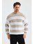 Erkek Bej Bisiklet Yaka Çizgili Triko Kazak 2