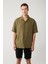 Erkek Haki Apaj Yaka %100 Keten Kısa Kol Oversize Fit Gömlek A41Y2209 1