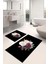 Dijital Baskılı Yıkanabilir Kaymaz Çiçek Motifli Banyo Paspası Klozet Takımı, Klozet-65-Siyah, 1