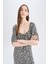 Bodycon Vücudu Saran Kare Yaka Çiçek Desenli Bürümcük Yarım Kol Midi Elbise Z5262AZ25SP 4