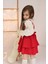 Kız Çocuk Helen Kırmızı Askılı Kat Kat Bağlama Jile Elbise Dantel Detay Ekru Uzun Kollu Bluz Takım TKM-0190.3 2