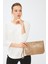 Kadın Basic Clutch Çanta Monogram Desenli Şeritli Logolu Altın 214002 3