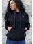 Crystal Taşlı Içi Polarlı Cepli Kapüşonlu Üç Iplik Şardonlu Pamuk Kadın Tasarım Siyah Sweatshirt 2