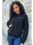 Crystal Taşlı Içi Polarlı Cepli Kapüşonlu Üç Iplik Şardonlu Pamuk Kadın Tasarım Siyah Sweatshirt 4