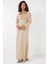 55453 Kadın Fermuar Detaylı Çizgili Uzun Elbise - Bej 1