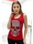 Dar Kesim Kurukafa Crystal Taş Baskılı Tasarım Pamuk Kadın Kalın Askılı Kolsuz T-Shirt Atlet Kırmızı 1