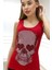 Dar Kesim Kurukafa Crystal Taş Baskılı Tasarım Pamuk Kadın Kalın Askılı Kolsuz T-Shirt Atlet Kırmızı 2