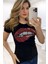 Dudak Crystal Taşlı Bisiklet Yaka Pamuk Siyah Kadın T-Shirt 1