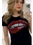 Dudak Crystal Taşlı Bisiklet Yaka Pamuk Siyah Kadın T-Shirt 3
