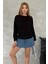 Kanat Crystal Taşlı Regular Fit Büyük Beden Üç Iplik Pamuk Rahat Şık Siyah Cepli Kadın Sweatshirt 3