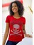 Kurukafa Crystal Taş Baskılı Dar Kesim Kısa Kol Pamuk Rahat Kadın Kırmızı T-Shirt 3