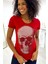 Kırmızı Premium Pamuk Kurukafa Crystal Taşlı Bisiklet Yaka Kısa Kol Kadın T-Shirt 1