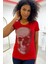 Kırmızı Premium Pamuk Kurukafa Crystal Taşlı Bisiklet Yaka Kısa Kol Kadın T-Shirt 2