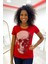 Kırmızı Premium Pamuk Kurukafa Crystal Taşlı Bisiklet Yaka Kısa Kol Kadın T-Shirt 3