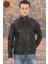 Erkek Mont Slim Fit Siyah Biker Ceket Fermuarlı Dik Yaka Derimont 1