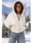 5193 Kapüşonlu Peluş Crop Ceket - Ekru 4