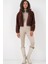 5193 Kapüşonlu Peluş Crop Ceket - Kahverengi 4
