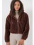 5193 Kapüşonlu Peluş Crop Ceket - Kahverengi 5