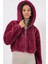 5193 Kapüşonlu Peluş Crop Ceket - Mürdüm 2